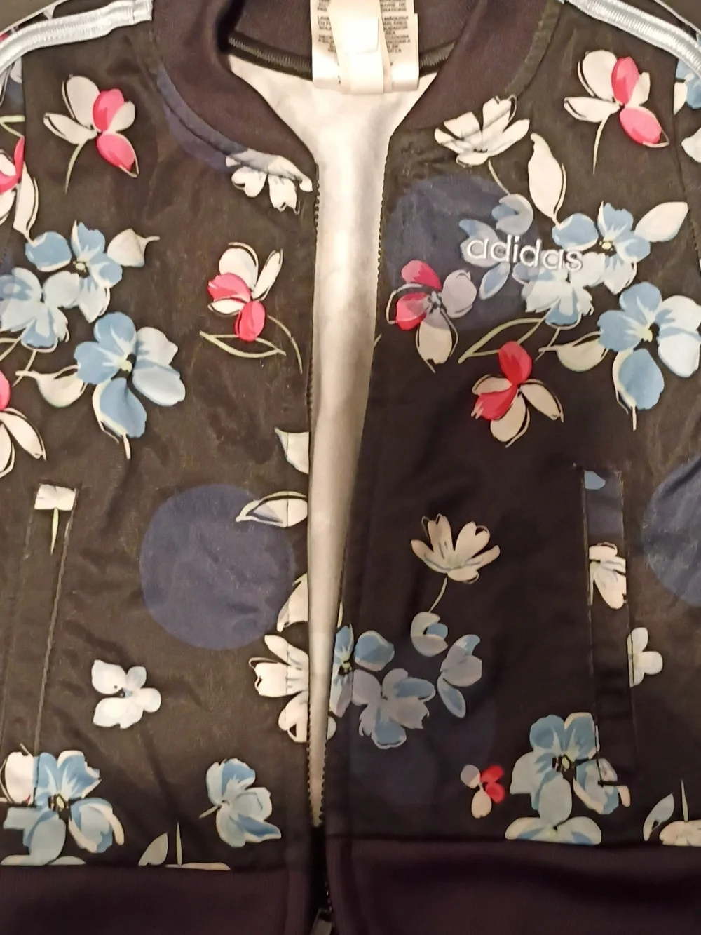 adidas Black Floral Bomber Jacket with Blue and Pink Accents